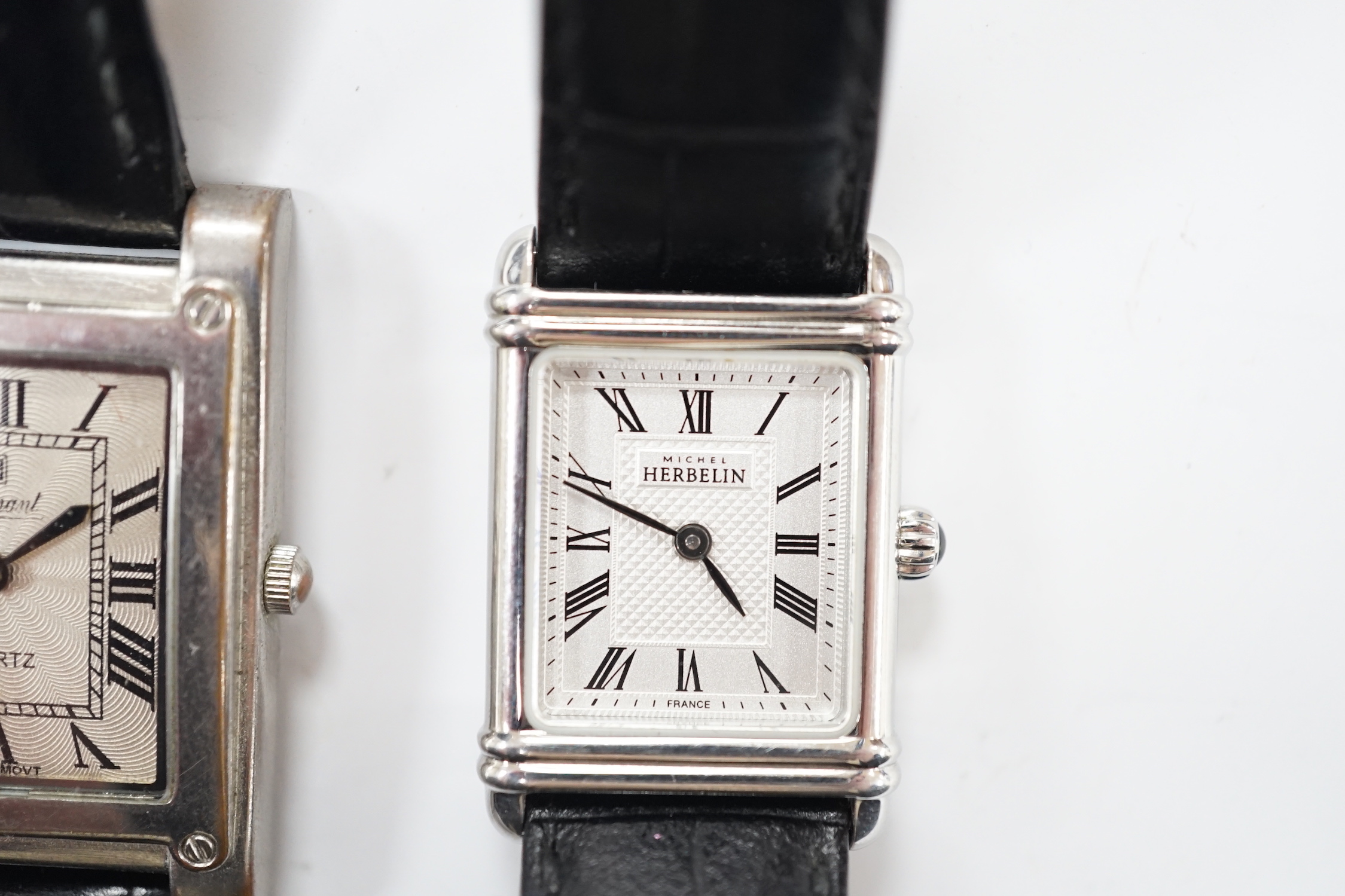 A lady's modern stainless steel Michel Herbelin rectangular dial quartz wrist watch, on a Herbelin leather strap, with original box, together with a stainless steel Diamant quartz wrist watch.